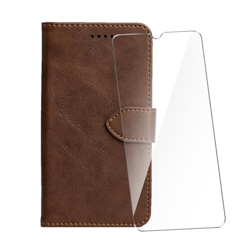 WDMYLFTW Handyhülle für Nokia C30 Hülle Leder + Panzerglas Schutzfolie, Flip Schutzhülle Wallet Kartenfach Standfunktion Stoßfest Klapphülle Hüllen Hülle Cover Klappbar (Braun)