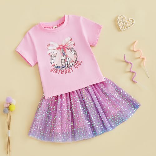Image of Kayotuas Toddler Girl Summer Outfits Bow Embroidery Short Sleeve T-shirt and Sparkle Tutu Skirt Cute Sister Matching Dresses