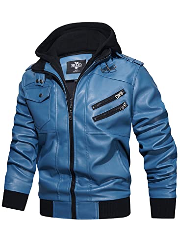 Image of HOOD CREW Men's Casual Stand Collar PU Faux Leather Zip-Up Motorcycle Bomber Jacket With a Removable Hood