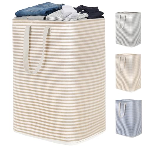 efluky Slim Laundry Basket, Narrow Laundry Hamper with Handles, Collapsible Dirty Clothes Hamper, Tall Laundry Bin for Laundry Room, Dorm and Bedroom, 80L, Striped Brown