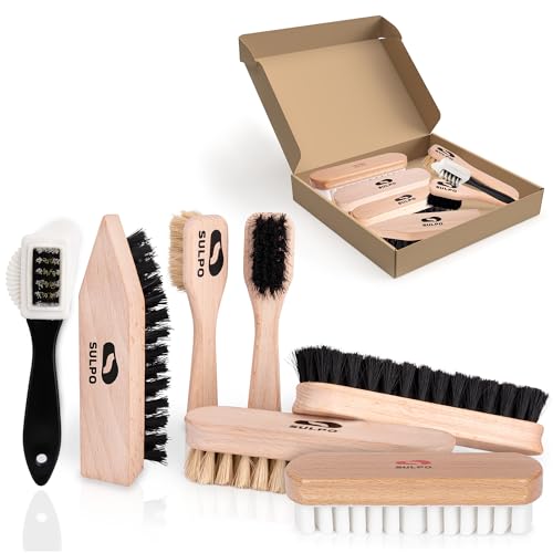 SULPO Kit de brosses à Chaussures 7 pièces - Brosses pour Nettoyer Le Cuir - 2 brosses à Plat - 2 brosses à reluire - 1 Brosse à salir - 1 Brosse avec Poils en Laiton et Nylon - 1 Brosse crêpe Nubuck