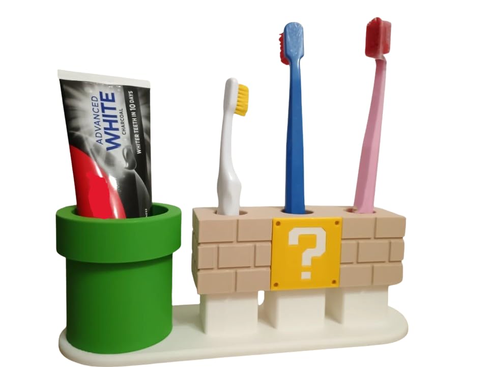 Pipe and Question Block Toothbrush Holder Fun Cartoon Bathroom Caddy for Kids Toothpaste and Toothbrush Organizer Station