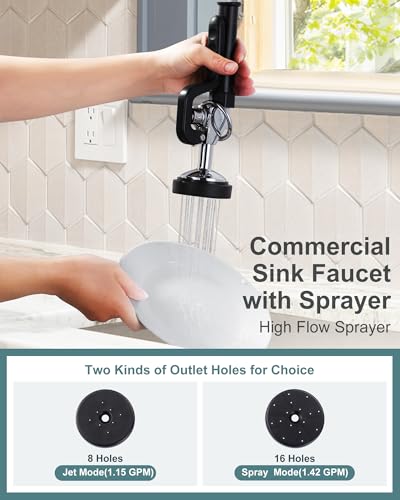 Image of 21 inch Height Commercial Faucet Wall Mount with Sprayer 8 inch Adjustable Center 10 inch Swing Spout, Kitchen Sink Faucets with Pull Down Pre-Rinse Sprayer for Restaurant Industrial Kitchen, Chrome
