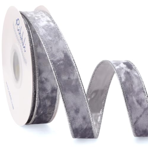 Image of Ribbli Silver Crushed Velvet Wired Ribbon 1 inch x 10 Yds Continuous