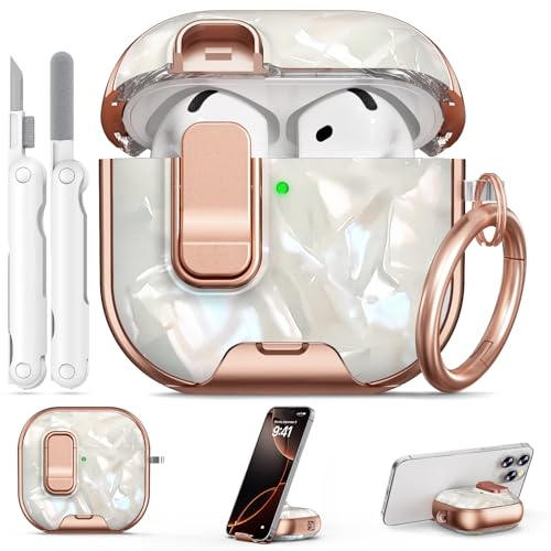 Image of for AirPod 4 Case, with Safty Lock & Phone Stand for Floral AirPod 4 Generation Case Cover for Women Girly, iPod 4 Cases with Keychain & Cleaner Kit -Beige Luxury Pearl