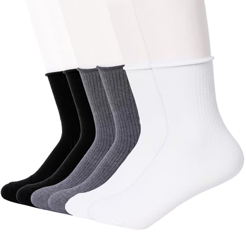 Image of Feeto Women's Roll Top Socks - Fashionable Cotton Crew Socks, Multi-Colors Mix, Made in Korea - 6 Pairs