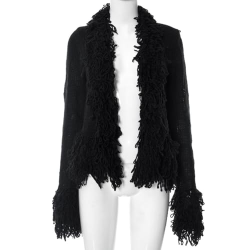 Women's Trendy Y2K Vintage Open Front Long Sleeve Cardigan Crochet Fringe Trim Knit Casual Cozy Outerwear Sweater2