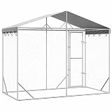 Hommdiy Hundezwinger Outdoor Große mit Dach,Hundekäfig Hundehaus für große Hunde, Hundehütte Silber 3x1,5x2,5m Stahl Verzinkt