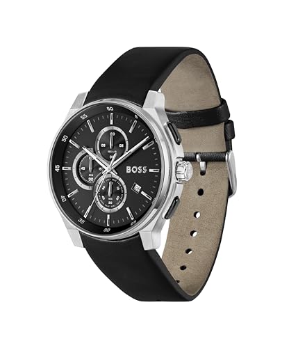 Image of BOSS Peak 2.0 Qtz Chrono Black Round Dial Men's Watch|Leather Material|Black Color Band - 1514188