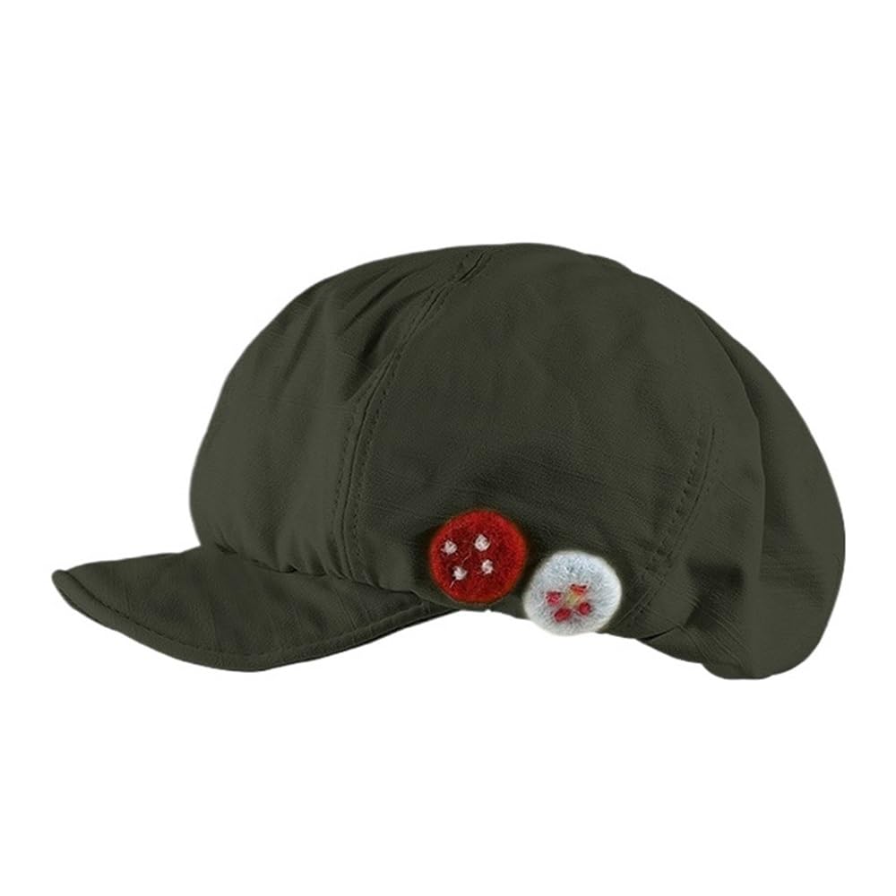 Béret japonais vert foncé en feutre de laine boutonné pour femme