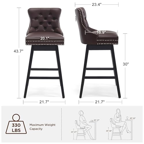 Image of Swivel Bar Stool with Back, Faux Leather Counter Height Bar Stools, Upholstered Tufted Counter Height Chairs, Solid Wood Legs, (Brown, 30 inch H Seat, Set of 4)