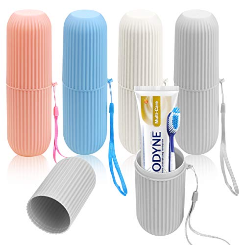 UPlama 4Pack Portable Travel Toothbrush Cup,Capsule Shape Wash Gargle Cup Plastic Toothbrush Storage Container Organizer for Travel Home Camping Business School(Pink/Blue/White/Grey)