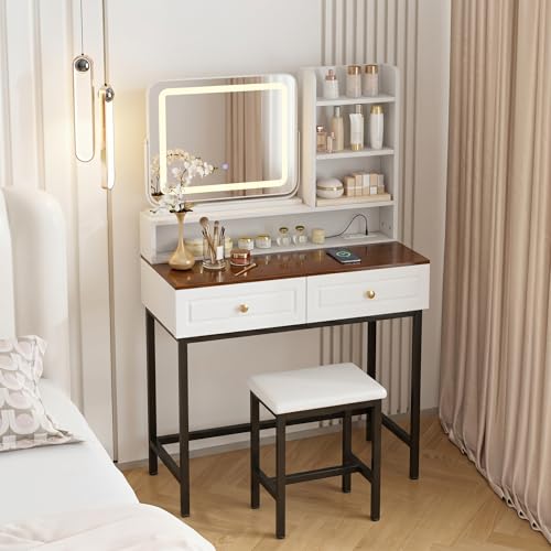 Runboll White Vanity Set with Stool and LED Lighted Mirror, Makeup Vanity Dresser with Power Outlet, Dressing Table with 2 Drawers and Shelves, Vanity with Storage and Amber Glass Top for Bedroom - Image 2