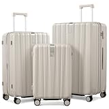 Hanke Kofferset 3 Teilig Erweiterbar Handgepäck Koffer Reisekoffer mit Rollen Groß PC Hartschalenkoffer Reisekoffer mit TSA-Schloss Großer Koffer 71cm(103L), Elfenbein