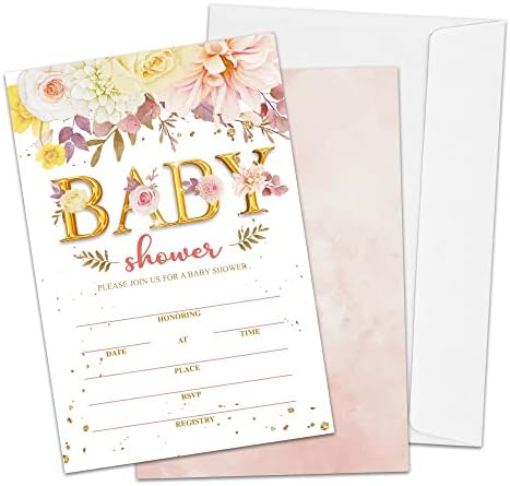 Baby Shower Invitations, Boho Floral Fill-in Invites for Baby Showers, Blush Pink Gender Reveal Parties Invitations, Baby Shower Decorations for Boys or Girls, 4" x 6" Double-sided Cards(25 Invitations and Envelopes)