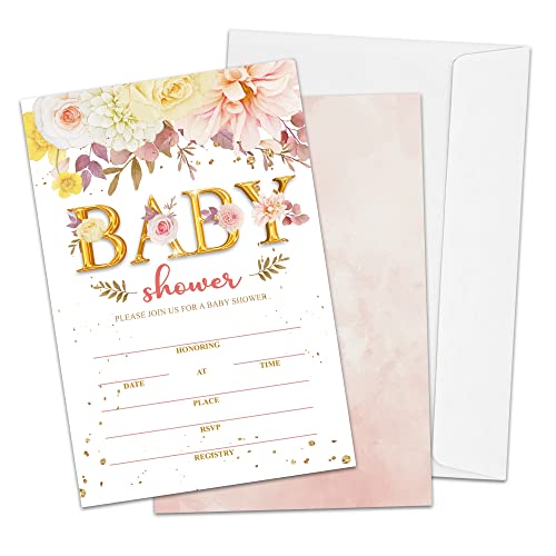 Baby Shower Invitations, Boho Floral Fill-In Invites For Baby Showers, Blush Pink Gender Reveal Parties Invitations, Baby Shower Decorations For Boys Or Girls, 4" X 6" Double-Sided Cards(25 Invitations And Envelopes) #TOP3