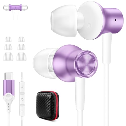 Jiunai Auriculares USB C para iPhone 16 Pro MAX Tipo C con Cable con micrófono en la Oreja, Aislamiento magnético de Ruido, estéreo, AUX, Auriculares con Cable para Samsung S25, S24, iPhone 15 Plus