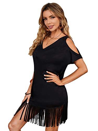 Verdusa Women's Cold Shoulder V Neck Fringe Hem Straight Dress Without Belt4