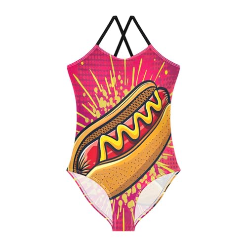 Art Hot Dog Child Girl Swimsuit with Adjustable Shoulder Strap, 3-10T Beach Swimwear, Summer Swimsuits Girls