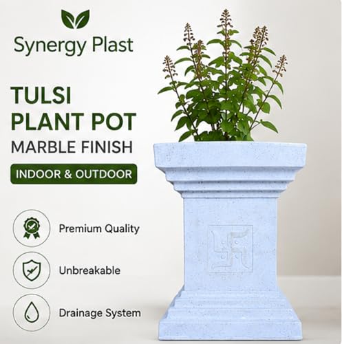Image of Synergy Plast Tulsi Plant Pot for Indoor Outdoor Use (Marble White) | Marble Finish Fiber Planter with Drainage Hole | Decorative Tulsi Gamla for Home Balcony Garden Terrace | Size:- 16X16X22 Inches