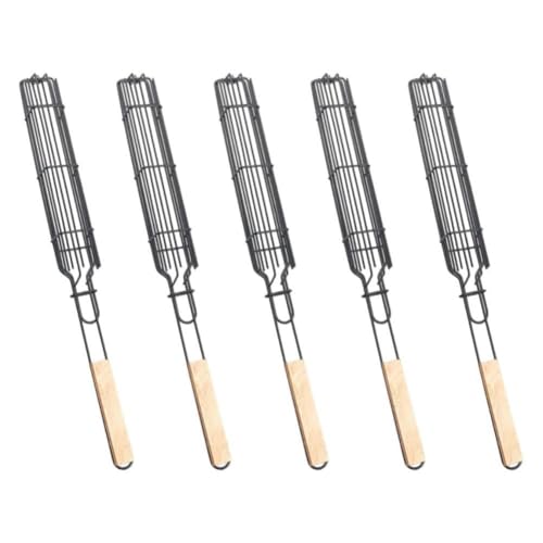 Opatiny Juego de 5 cestas de acero resistente para asar con rejilla con cerradura y mango de madera, salchichas, verduras y brochetas en parrilla de barbacoa
