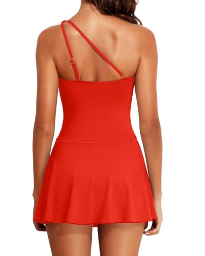 Image of Tempt Me Women One Piece Swim Dress One Shoulder Swimsuit | Tummy control, Skirted bottom, Adjustable shoulder straps, Removable bra
