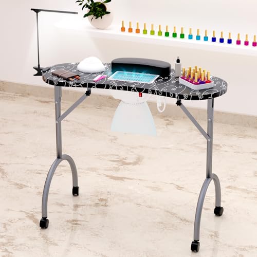 ynhunreth Portable Nail Table for Nail Tech on Wheels, Foldable Professional Manicure Table Travel...