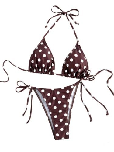 Image of GORGLITTER Women's Polka Dots Bikini Sets 2 Piece Halter Triangle String Cheeky Swimsuits Summer Tie Side Swimwear Brown M