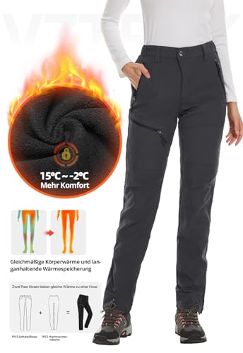 Vzteek Damen-Wanderhose-Thermohose-Skihose-Schneehose-Softshellhose-Wasserdicht Winter Warm Gefüttert Arbeitshosen Regenhose Trekkinghose Outdoor Hosen für Damen Cargohose (Klassisch Grau,XXL)