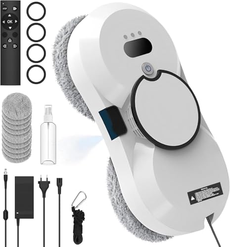 Robot Limpiacristales con Función de Pulveriza, 5600Pa Limpia Cristales Electrico Ventanas, 3 Modos, Tanque de Agua 40ml, Cable de Seguridad y Sistema UPS, para Ventanas, Cristales, Espejos y Baldosas