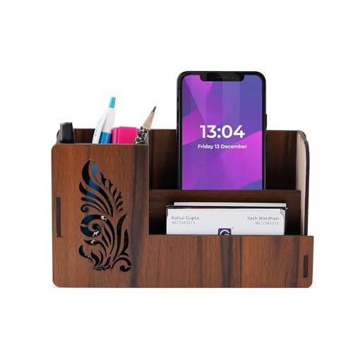 Image of Automobiles Pen Stand With Visiting Card & Mobile Holder Multipurpose Wooden Desk Organizer Pen And Pencil (Design 2), Brown