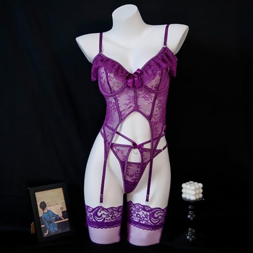 Sexy Dessous-Sets für Damen Body Damen mit Strapsen Sexy Pyjamas Dessous Set Spitzen Body Frauen Flirty Lingerie mit Bügel-BH und Höschen Strumpfhalter – Bild 3