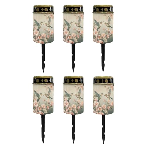 Image of Poceacles Solar Lights Outdoor Grave Solar Lights for Cemetery Decoration Solar Outdoor Lights Cemetery Solar Lamp for Garden Lawn Backyard Pathway Decor, Hummingbird Flower Beige, Pack of 6