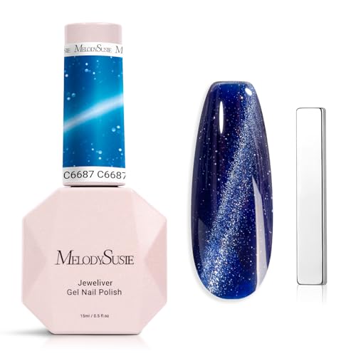 Image of MelodySusie Jeweliver Cat Eye Gel Nail Polish, 0.5 Fl Oz Blue Glitter Holographic Magnetic Nail Polish with Magnet, UV Gel for Nail Art Manicure Salon DIY at Home C6687