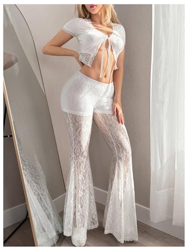 WDIRARA Women's Sheer Lace Flare Pants Elastic Waist Ruffle Bell Bottom Trousers3