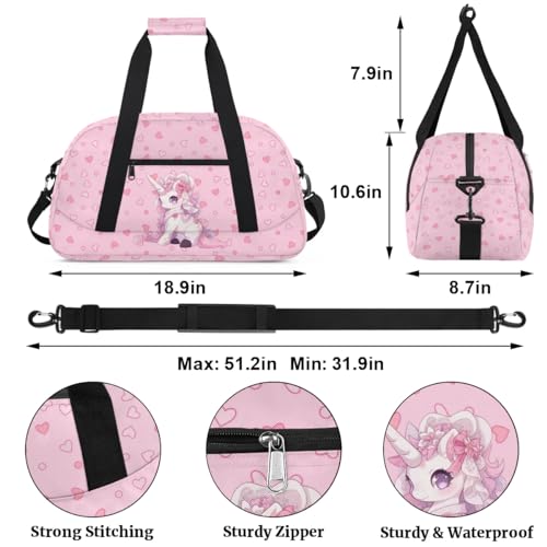 Gym Bag for Kids Girls, Lovely Unicorn Pink Small Duffel Bag with Padded Handles Carry On Weekend Travel Bag for School Practice Ball Games2