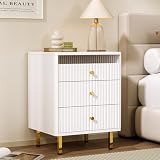 ChooChoo Night Stand, Fluted White Nightstand with 3 Drawers, End Table with Gold Legs and Handles, Bedside Table for Bedroom