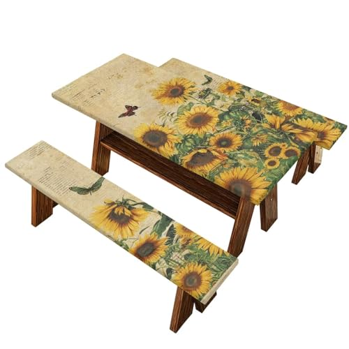 Yuresuaet Sunflowers Butterfly Print Windproof Picnic Table Cover with Bench Covers Set for for Road Trip Camping Gear Accessories 30'' x 94'' Table Cloth 3 in 1