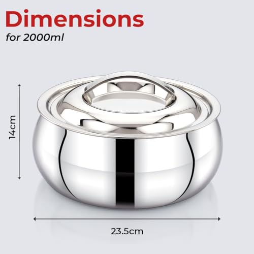 Image of AVIAS Onyx Press Type Stainless Steel 2000ml Casserole | Double Walled PUF Insulated Roti & Chapati Hot Box for Kitchen | Hot case for Rice & Gravy |2L