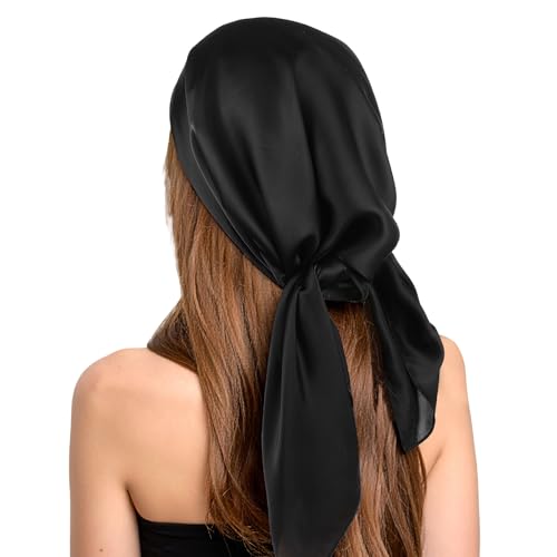 Womens Head Scarf Like Silk Scarf Black Square Satin Scarfs Bandana Head Scarves Night Hair Wrapping Scarfs Large Fashion Headscarf Headband Scarves for Sleeping 27.5