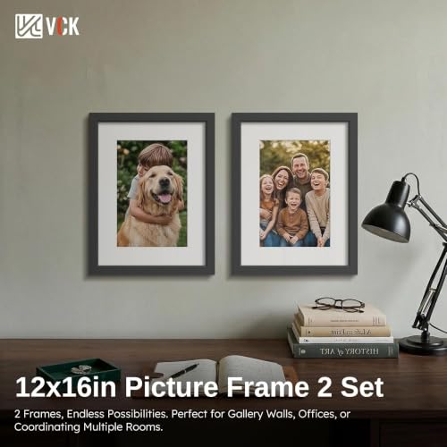 Image of VCK 12x16 Frame 2 Pack, Black Wood, 8x12 Mat, Glass, for Picture Prints