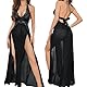 KOEMCY Sexy Dessous DamenV-Ausschnitt Mesh Longe Negligee vom Hals Herabhängen Durchsichtige Babydoll Reizwäsche Geschlitztes Negligee Spitzen Chemise（Schwarz/M）