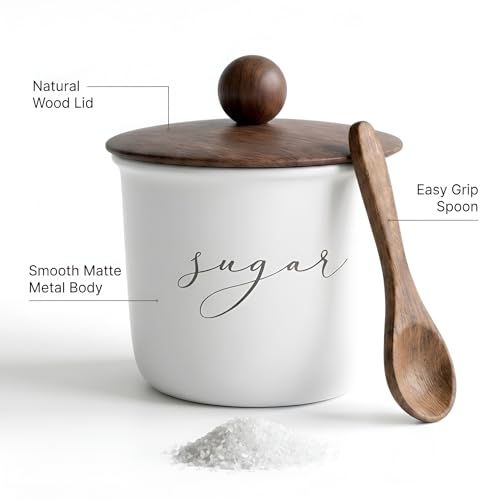 Image of Sugar and Salt Storage Canister Set of 2, White Metal, Airtight Acacia Wood Lid, 800ml, with Wooden Spoon, Food Safe Kitchen Storage Container /Jar