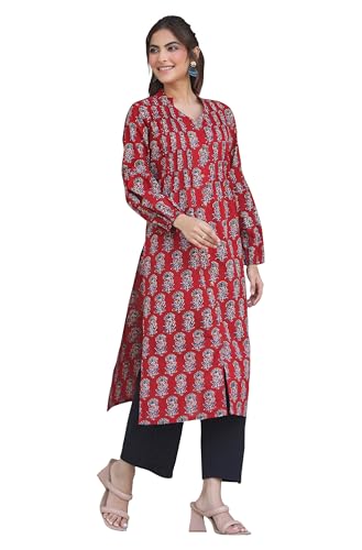 Image of Janasya Women's Maroon Pure Cotton Floral Print Flared Kurta