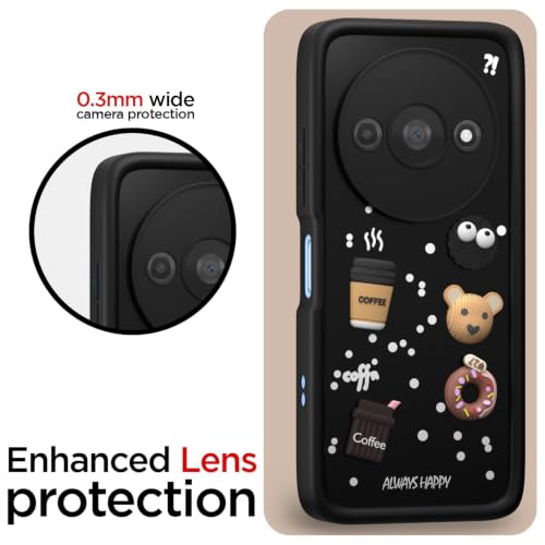 Image of Bintage Cute Fun Ball | Taddy Cartoon 3D Smiley Coffee Cup | Milk Donut | Full Protection Rubber Back Cover Compatible for REDMI A3x 2024 - Black