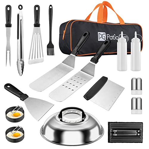 PatioGem Griddle Accessories Kit, 17 Pcs Flat Top Grill Accessories Tools for Blackstone and Camp Chef, BBQ Spatula Set with Basting Cover, Spatula, Scraper, Egg Rings, Tongs, Cleaning Kit & Carry Bag