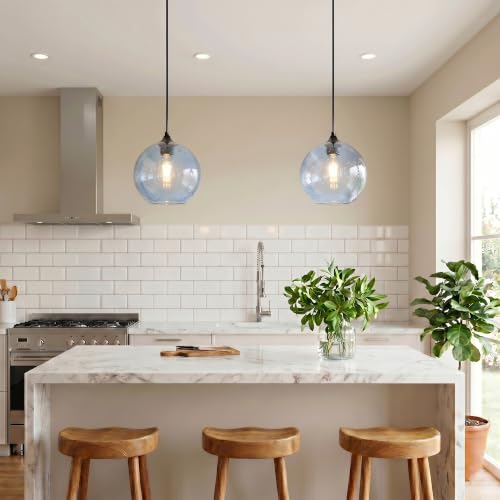 GLAMIGHT Blue Pendant Lights Kitchen Island,11.8" Seeded Glass Globe 2 Pack by GLAMIGHT - Used condition - Image 2