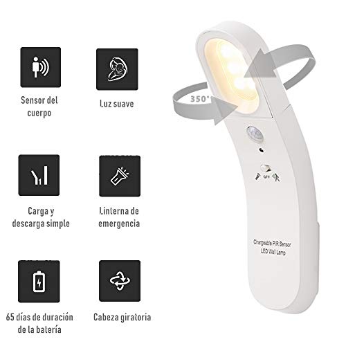 Febelle Luz LED lámpara pared noche sensor de movimiento PIR linterna inalámbrica de mano USB recargable giratorio de 350 u00b0para dormitorio baño (Blanco, Luz amarilla-3000K)