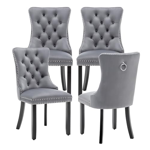 Image of Velvet Dining Chairs, Tufted Kitchen & Dining Room Chairs, Grey, Set of 4