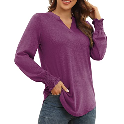 ANGGREK Blusa de manga larga para mujer, cuello de pico, elegante, camiseta de manga larga, informal, tallas S-XXL, morado, M Cover